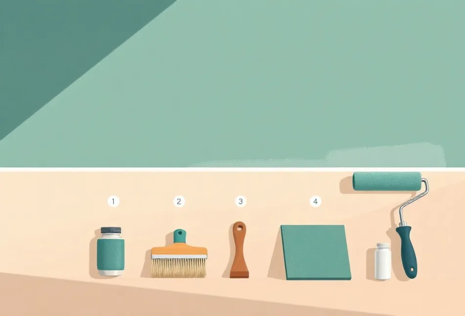 Outils de peinture disposés dans l'ordre des étapes du chantier