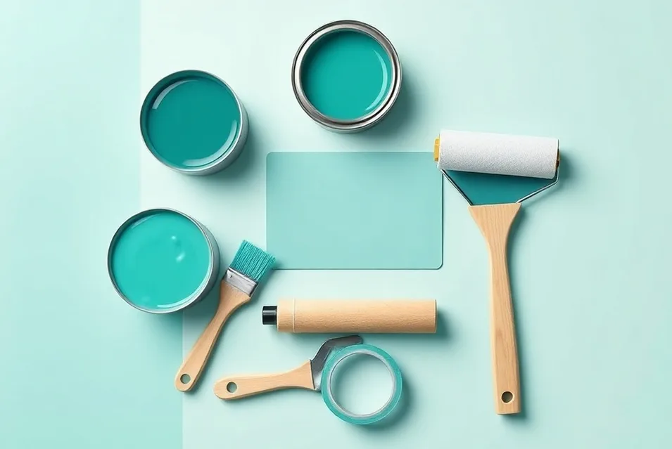 Pots de peinture, nuancier, brosses et rouleaux disposés à plat