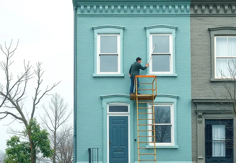 Peintre sur échafaudage traitant la façade d'une maison